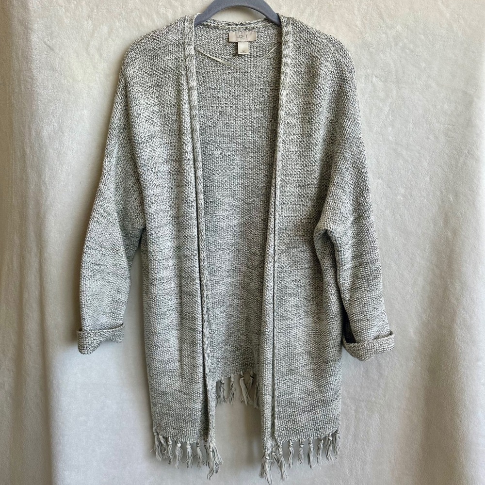 LOFT Outlet Gray White Marled Open Front Cardigan Fringe Tassel Hem Medium M